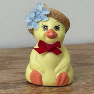 Vintage Duck Bell Figurine Straw Hat Easter Spring Decor Cottagecore Farmhouse